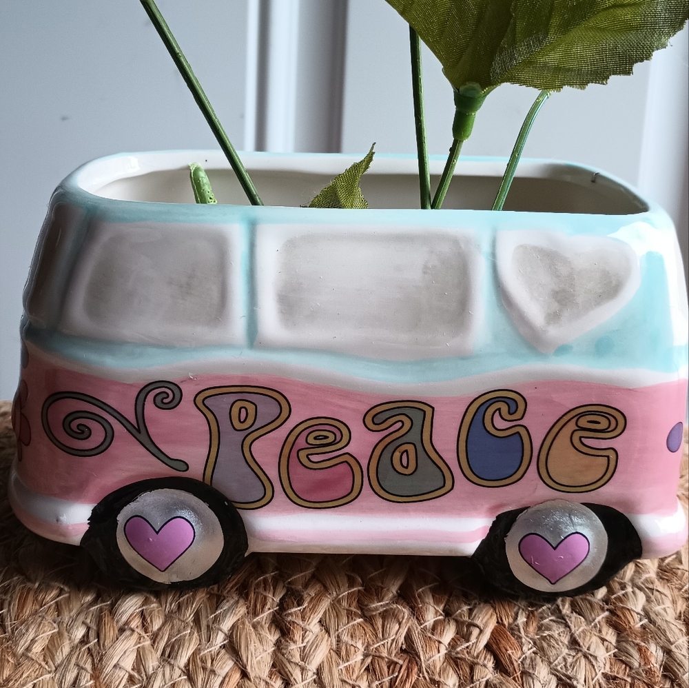 💕New Ceramic Small Planter Peace Bus Give Peace A Chance!